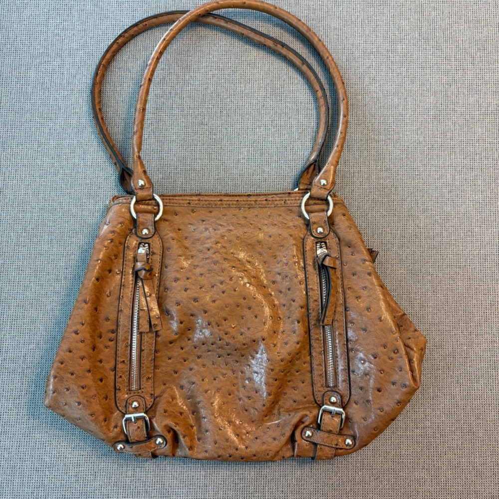 Unbranded Ostrich Embossed Boho Classic Office Cognac Multi Pocket Shoulder Bag